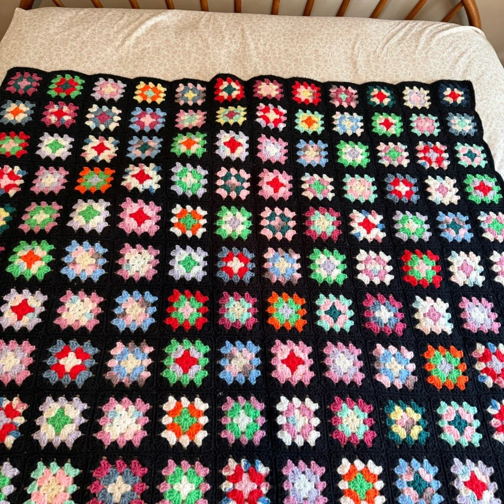Vintage Handmade Crochet Granny Square Blanket Multi Color Black Afghan 62x50